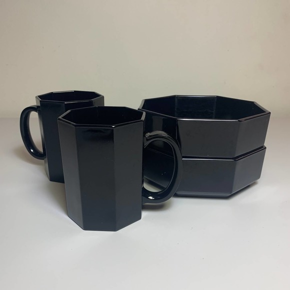 4 pc Set MCM Deco Arcoroc France Black Glass Octagon Mugs Bowls Arcopal Octime - Picture 14 of 14